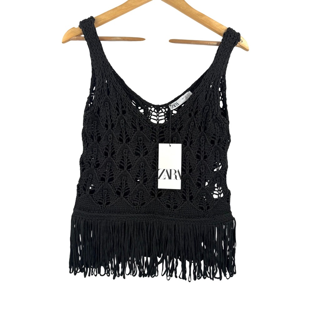 Zara Crochet Knit Tank Top sz S Black New Fringe Boho Festival 90s beach